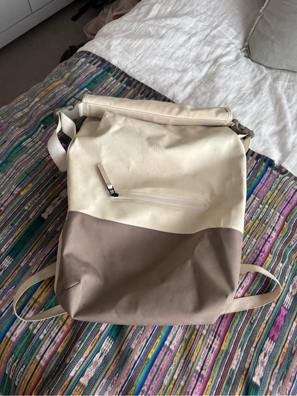 Rains Off-White Minimal Roll-Top Backpack